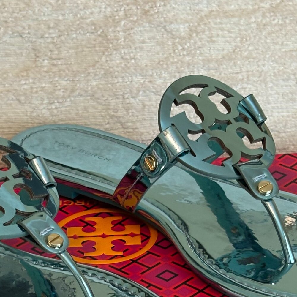 Tory Burch Miller Mirrored Metallic Sandal- Teal Color - Picture 10 of 11